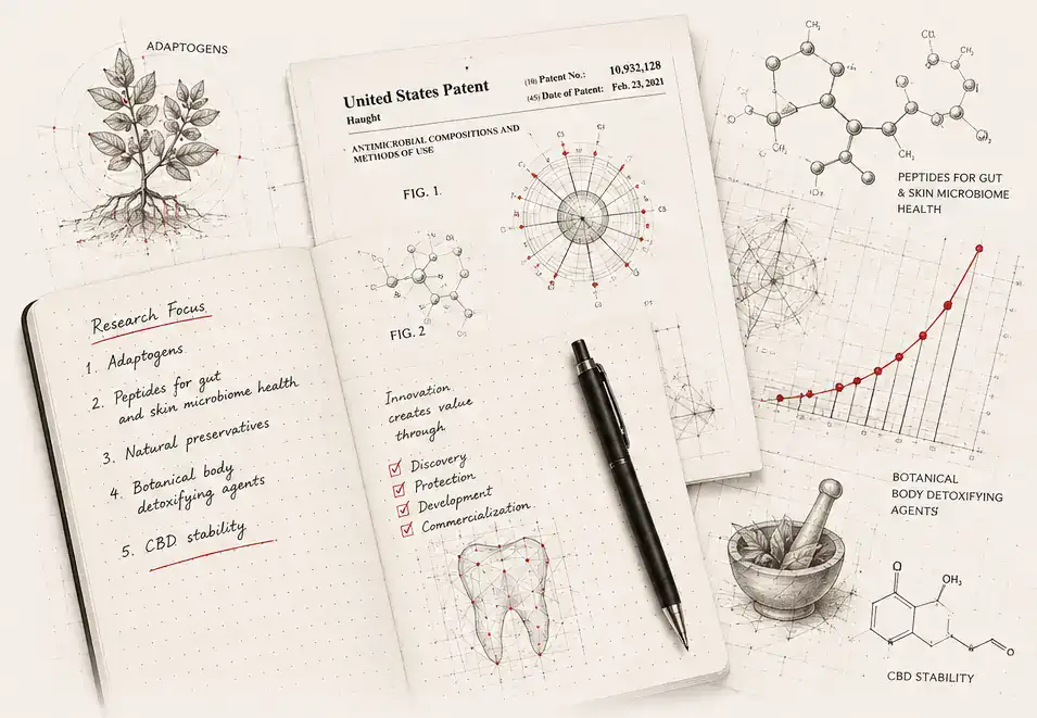 Research notebook with a United States patent document, molecular diagrams and botanical sketches