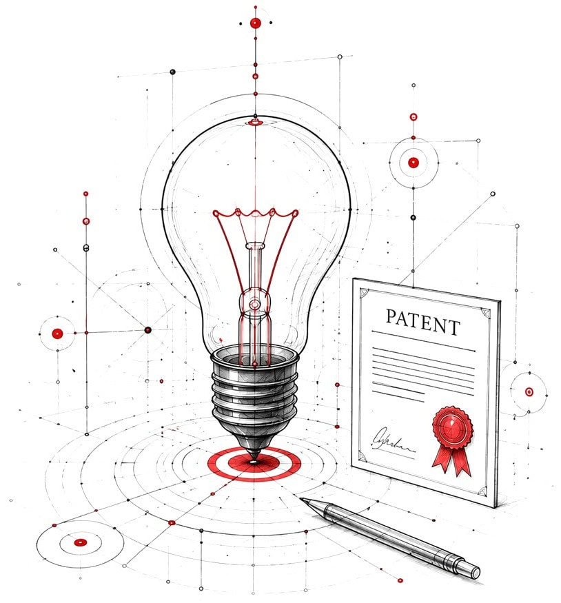 Line illustration of a lightbulb, patent certificate and target rings