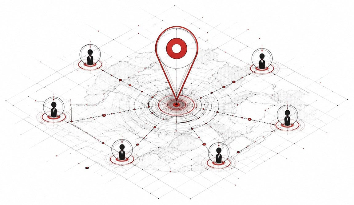 Map with a location pin and connected customer profiles