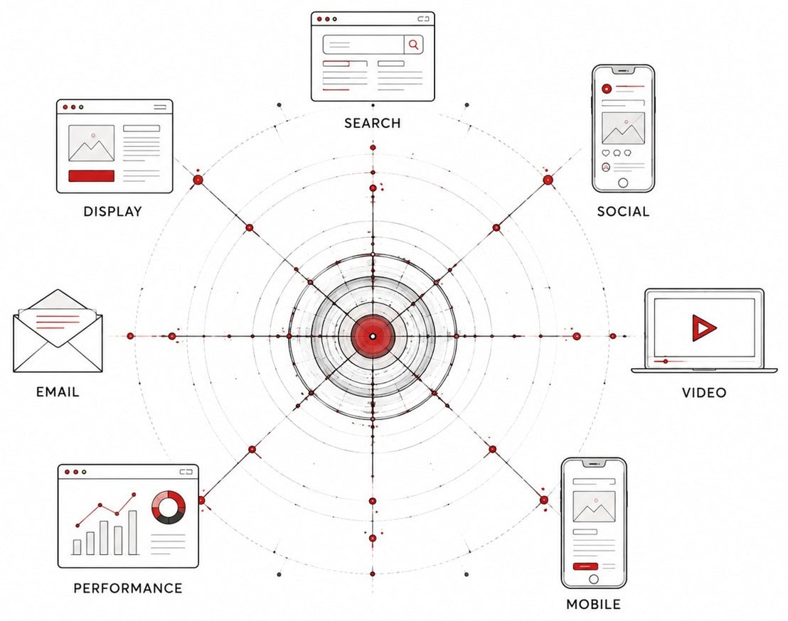 Channel wheel with search, social, video, mobile, display, email and performance