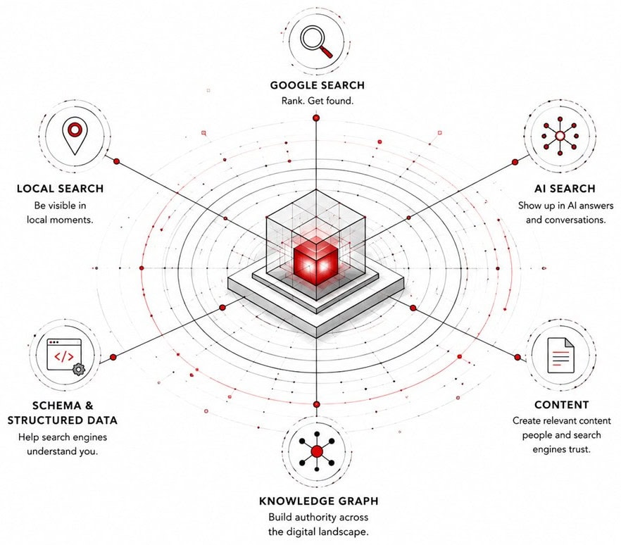Diagram of visibility across Google search, local search, AI search, schema, knowledge graph and content